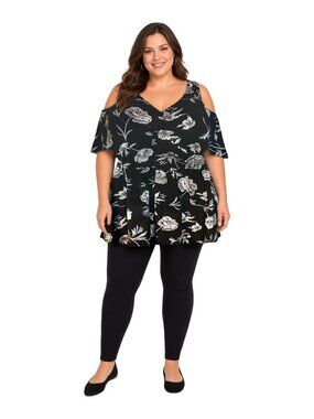 Torrid Black Floral Cold Shoulder Babydoll Peplum Top V Neck Flutter Sleeve